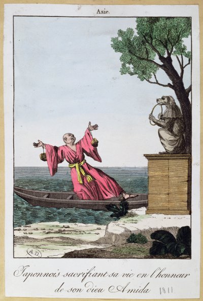 Japansk man offrar sitt liv för att hedra guden Amida, 1811 (färg litho av French School