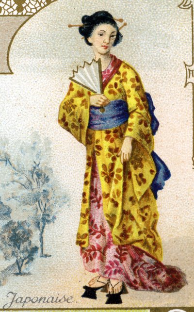 japansk kvinna. Upplaga av den parisiska litografin, slutet av 1800-talet. Serie om 25 reklamkromoner för Dijon-tillverkningen av Biscuits Pernot, skapad 1869. Detalj av karaktärerna i traditionell kostym av French School