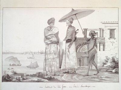 Java Island Inhabitants på väg till Surabaya, Illustration från Voyage round the world av Louis Isidore Duperrey, av L F Lejeune av French School
