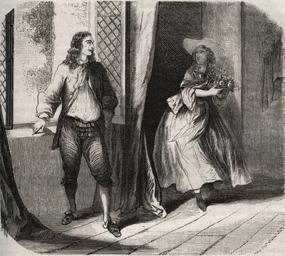Jean Baptiste (Jean-Baptiste) Poquelin, dit Moliere (1622-1673) friade till komikern Mademoiselle de Brie (Catherine Leclerc du Rose av French School
