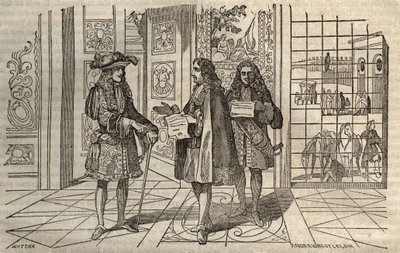 Jean Baptiste Colbert (Jean-Baptiste) (1619-1683) i möte med kung Ludvig XIV och Francois Louvois (1641-1691) i Versailles - gravyr efter Leclerc - av French School