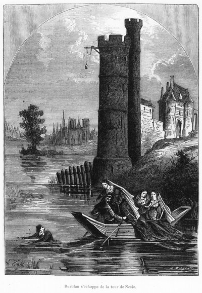 Jean Buridan flyr från tornet i Nesle, 1800-talets andra hälft av French School