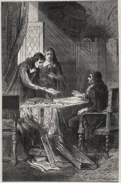 Jean Chapelain (1595-1674) fransk poet och litteraturkritiker och Pierre Costar (1603-1660) gav Jean Baptiste Colbert (1619-1683) en lista över författare som förtjänar att bli pensionärer av kungen - gravyr i "Les Hommes Celebres de la Frankrike” av Louis av French School