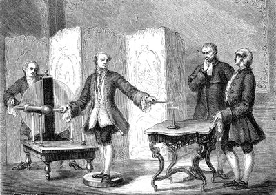 Jean JALLABERT (1712-1768), schweizisk fysiker, upptäcker elektricitet på vassa föremål (Power of the Pointe av FRANKLIN). gravyr 1867 av French School