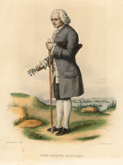 Jean Jacques Rousseau (färgad gravyr) av French School