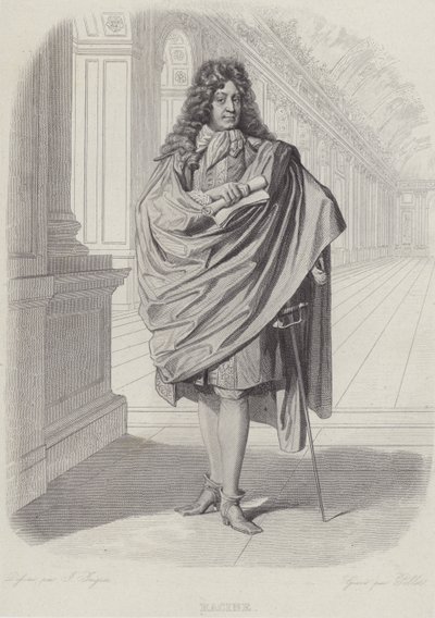 Jean Racine, fransk dramatiker, i Spegelsalen i Versailles (gravyr) av French School