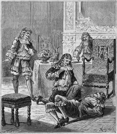 Jean de SANTEUL (Santeuil) (1630-1697) förgiftar med ett glas vin i vilket tobak från Spanien hade lagts - Gravyr i "Vetenskapen gjort tillgängliga för alla - fysik och kemi"" av Alexis Clerc - Slutet av 1800-talet - Privat samling av French School