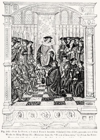 Jean le Feron (1504-70) presenterar ett av sina verk för kung Henrik II (1519-89) från Blason dArmoires, av Jean le Feron, illustration från vetenskap och litteratur under medeltiden och renässansskrivning av French School