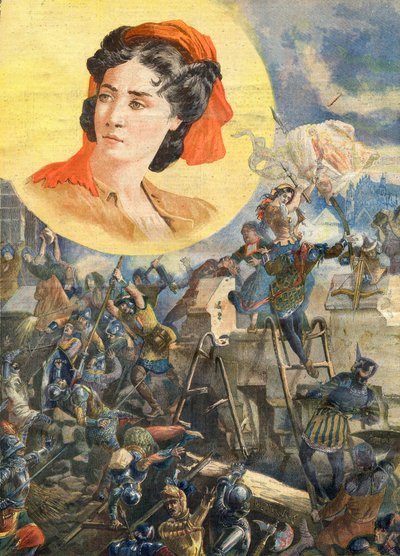 Jeanne Laisne (1456-?), känd som Jeanne Fourquet, med smeknamnet Jeanne Hachette Heroine francaise - Jeanne Hachette vid belägringen av Beauvais 1472 - Illustration för Le petit Journal, 8 januari 1894 av French School