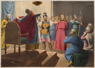 Jesus Kristus före Kaifas, illustration från en katekes LHistoire Sainte, utgiven av Charles Delagrave, Paris, sent 1800-tal av French School