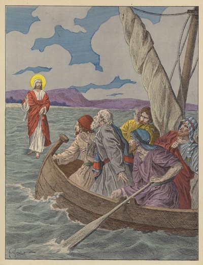 Jesus Kristus går på vattnet (färglitografi) av French School