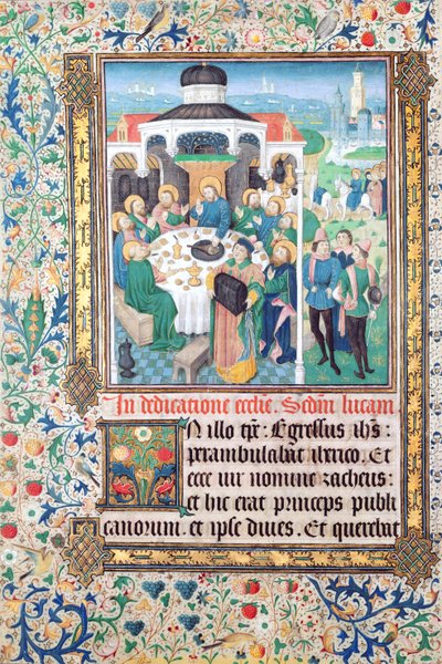 Jesus äter hemma hos tullindrivaren Sackeus och inträdet i Jerusalem, miniatyrer från Lukasevangeliet av French School