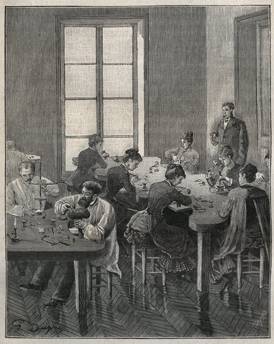 Smyckesverkstad i Paris på 1800-talet. Gravyr från 1885 i "" Les arts et metiers illustres"" av Adolphe BITARD. av French School