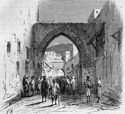 Judisk befolkning i Tetouan (Tetouan) i Marocko: utsikt över porten till den judiska barrio av French School