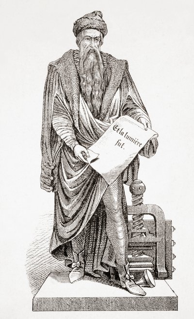 Johannes Gutenberg, från Ancient and Modern Universal History, publicerad i Strasbourg c.1860 (gravyr) av French School