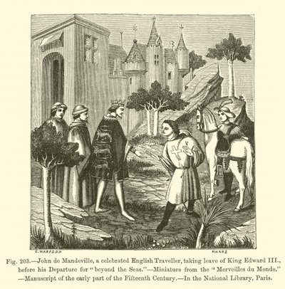John de Mandeville, en hyllad engelsk resenär, tar avsked av kung Edward III, innan hans avresa för "bortom havet" (gravyr) av French School