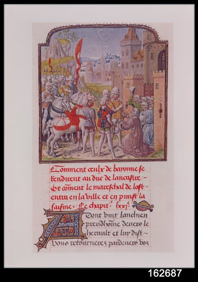 John of Gaunt tas emot av invånarna i Bayonne vid stadsportarna, från Froissarts Chronicle, sent 1400-tal av French School