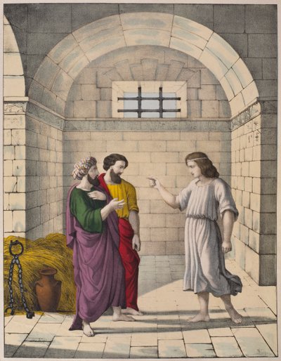 Joseph i fängelse förklarar överbagarens och överhovmästarens drömmar, illustration från en katekes LHistoire Sainte, utgiven av Charles Delagrave, Paris, sent 1800-tal av French School