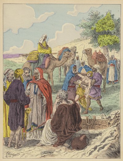 Josef såld av sina bröder (färglitografi) av French School