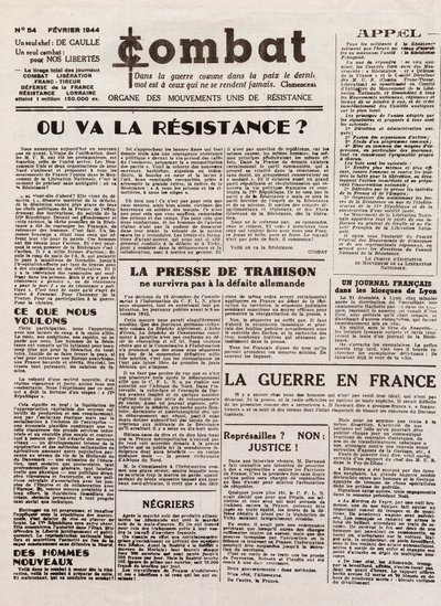 Journal COMBAT - nummer 54 - februari 1944 - organ för de förenade motståndsrörelserna. (hemlig tidning) - Vart tar motståndet vägen av French School