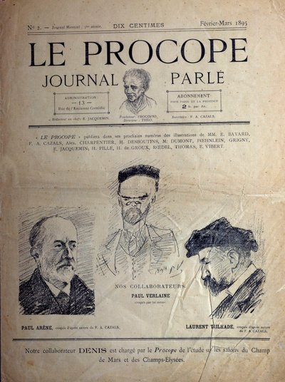 Journal du Proope, Parisiska kaféet, februari 1895: porträtt av de franska poeterna Paul Verlaine, Paul Arene och Laurent Tailhade. av French School