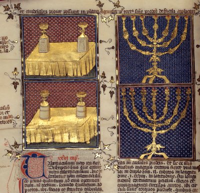 Judendom: "" förslagsbord och ljusstakar som används i hebreiska riter""" Miniatyr hämtad från ""kommentarer från Bibeln"" av Nicholas de la Lyra (1200-talet) av French School