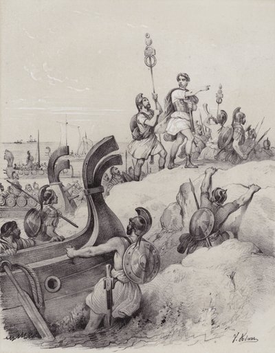 Julius Caesar och romarna landar i Kent i sin första invasion av Storbritannien, 55 f.Kr. (litho) av French School