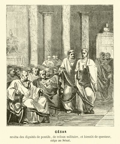Julius Caesar i den romerska senaten (gravyr) av French School