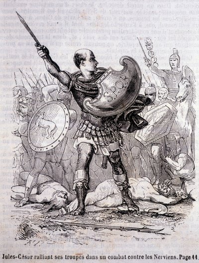 Julius Caesar samlar sina trupper i en kamp mot nerverna - i "Histoire de France" av L.-P. Anquetil av French School