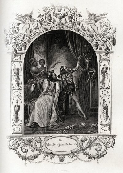 Julius III (julius eller Iulius eller Giulio) (påven från 1550 till 1555) och den unge Bertuccino, apshowen. Gravyr för att illustrera Histoire des popes av Maurice Lachatre (1814-1900), librairie du progres, Paris. av French School