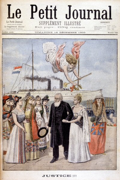 Rättvisa! : President Kruger kommer för att tala för sitt folks sak i Holland, till drottning Wilhelmine - i "Le Petit Journal" av 1900-12-16 (gravyr) av French School