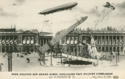 Kaiser Wilhelm II föreställde sig att ta bort obelisken från Paris av Zeppelin (litho) av French School