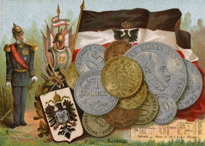 Kaiser Wilhelm I stående bredvid Konungariket Preussens flagga och en visning av tyska tyska mark, ca 1890 av French School