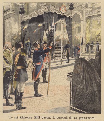 Kung Alfonso XIII av Spanien framför sin mormor, drottning Isabella II:s kista (färglitografi) av French School