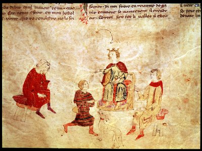 Kung Arthur på sin tron omgiven av sina rådgivare, från Roman de Meliadus av French School