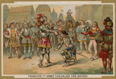 Kung Karl I av Frankrike adlad av Chevalier de Bayard efter slaget vid Marignano, 1515 av French School