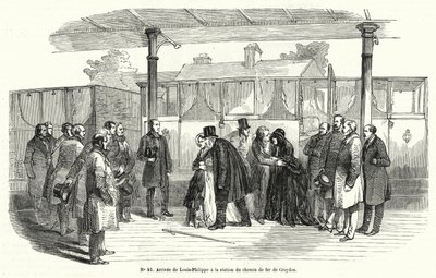 Kung Louis-Philippe av Frankrike anländer till Croydons järnvägsstation efter att ha tvingats i exil, februari 1848 (gravyr) av French School