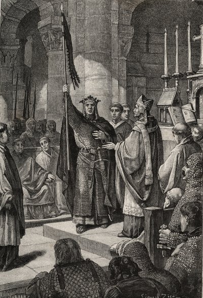 Kung Ludvig VII (1120-1180) tar oriflamen vid basilikan Saint Denis (Saint Denis) i närvaro av drottning Alienor av Aquitaine och tar emot humlan och pannetieren av pelerin från påven Eugene III:s händer (? -1153) före hans avgång av French School