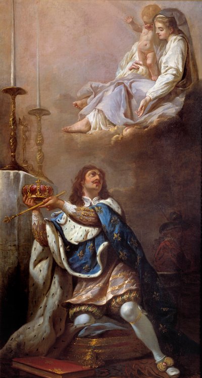 Kung Ludvig XIII erbjuder sin krona till den franska skolans jungfrumålning. Versailles från 1600-talet. Vår Fru av Versailles kyrka av French School