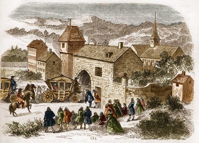Kung Ludvig XIV (1638-1715) på besök i Melle de Fontanges (1661-1681) i Port Royal omkring 1680. Gravyr i "Prostitutionens och utsvävningens historia bland alla världens folk från antiken till våra dagar" av Dr Th. . -F. Debray. 1879. av French School