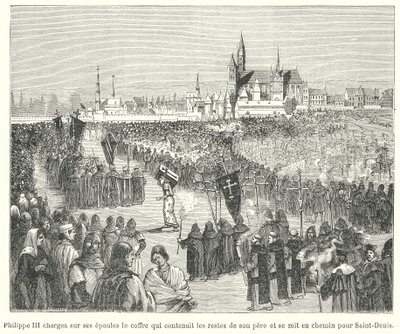 Kung Filip III av Frankrike bär benen av sin far, Ludvig IX, till sin begravning i basilikan St Denis, Paris av French School