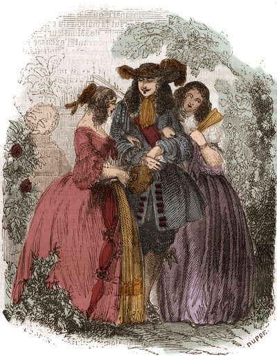 Kung av Frankrike Ludvig XIV (1638-1715) med Hortense Mancini (1646-1699) och hans syster Marie Mancini (1639-1715). Systerdotter till Mazarin. Gravyr av 1800-talet. av French School