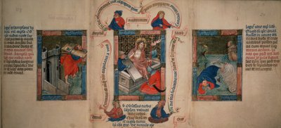 Kungaboken 5 f.20 Uppståndelsen, Simson bryter ner Gazas portar, Jona flyr från valen, från Biblia Pauperum, tidigt 1400-tal (vellum) av French School