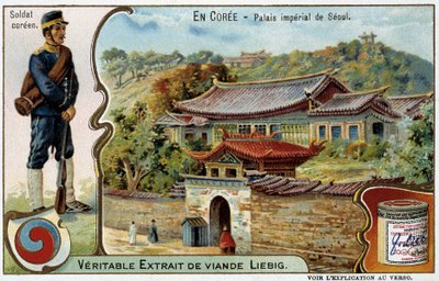 Korea: Seouls kejserliga palats och soldatdräkt - Liébig chromo, v.1900 av French School