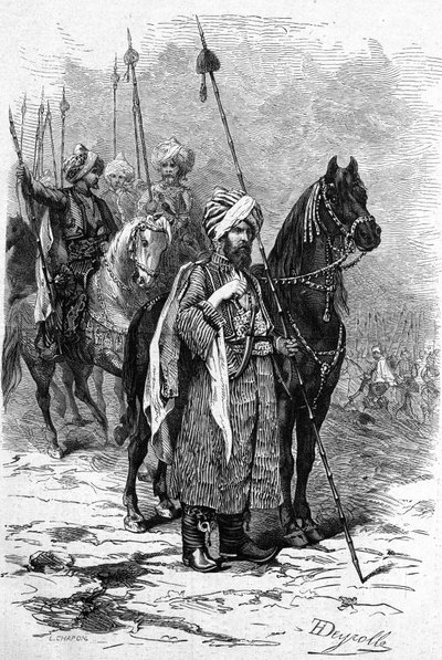 Kurdiska soldater 1877 under östkriget (1875-1878) även kallat det turkiska ryska kriget (ryska-turkiska). Gravyr i "" Le Monde Illustré"" nr 1055 av 30 juni av French School