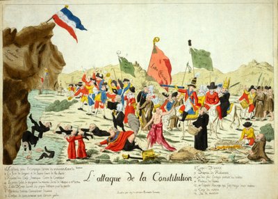 Attack mot konstitutionen, pub. 1792 (handfärgad gravyr) av French School
