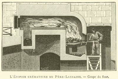 Pere-Lachaise-krematoriet, sektion av ugnen (gravyr) av French School
