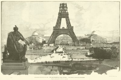 Den allmänna utställningen 1889, Tillståndet för Champ de Mars verk, Utsikt från Trocadero-palatset, enligt fotografiet av M H-C Godefroy (gravyr) av French School