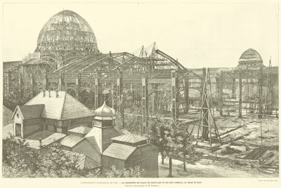 Den allmänna utställningen 1889, Ramarna för Palace of Fine Arts and Liberal Arts, på Champ de Mars, enligt fotografiet av M Godefroy (gravyr) av French School
