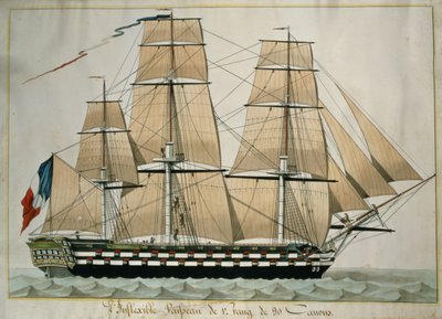 LInflexible Vaisseau de v. Rang de 90 Canons (The 90 Gun Ship of the Line) c.1835 (wc med penna och bläck på papper) av French School